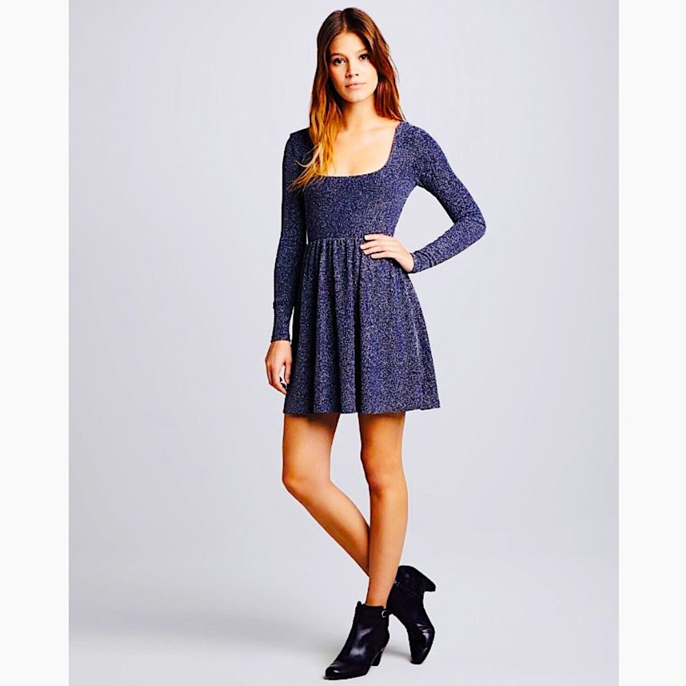 Free People Disco Metallic Fully Lined Dress Blue NWOT